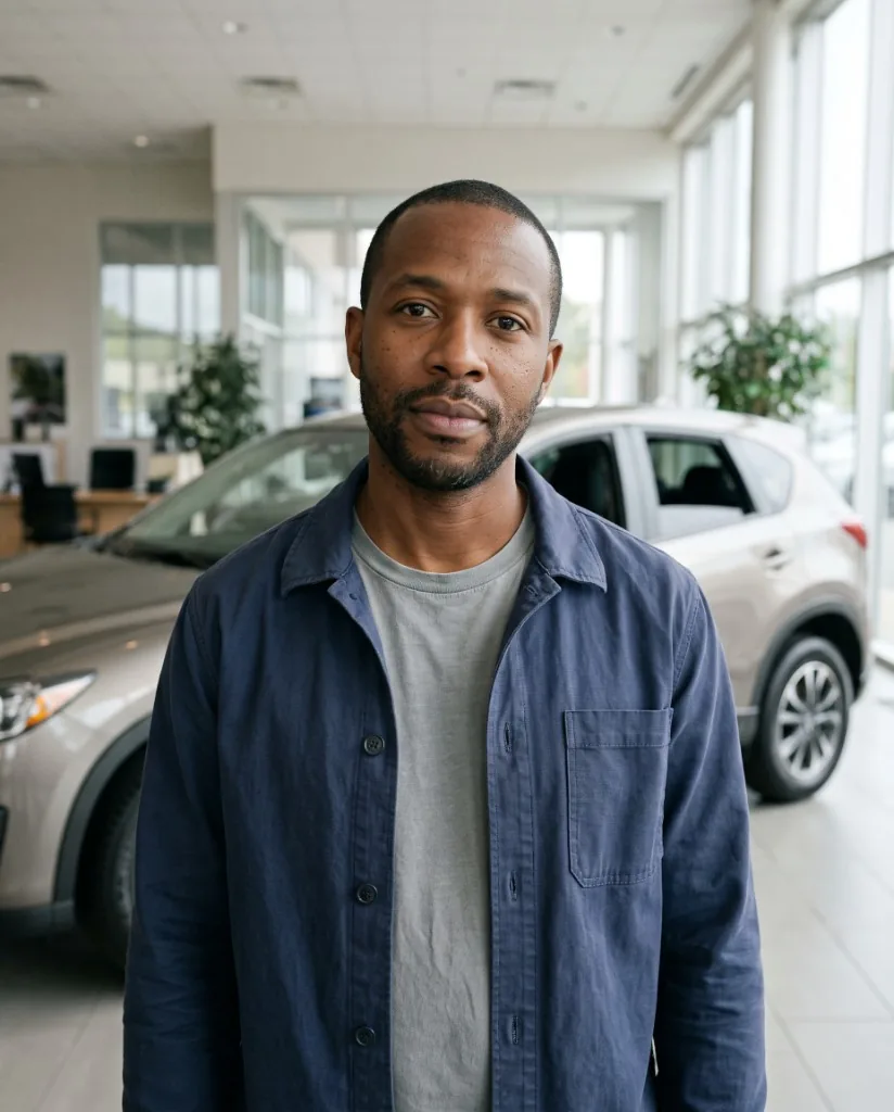Andre, a fictional buyer standing beside a vehicle in a showroom, facing the camera.