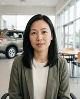 Elena, a fictional buyer seated in a car showroom, facing the camera.
