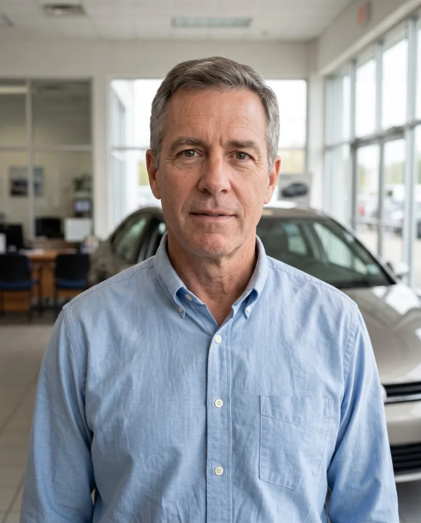 Mark, a fictional buyer standing in a car dealership, facing the camera.