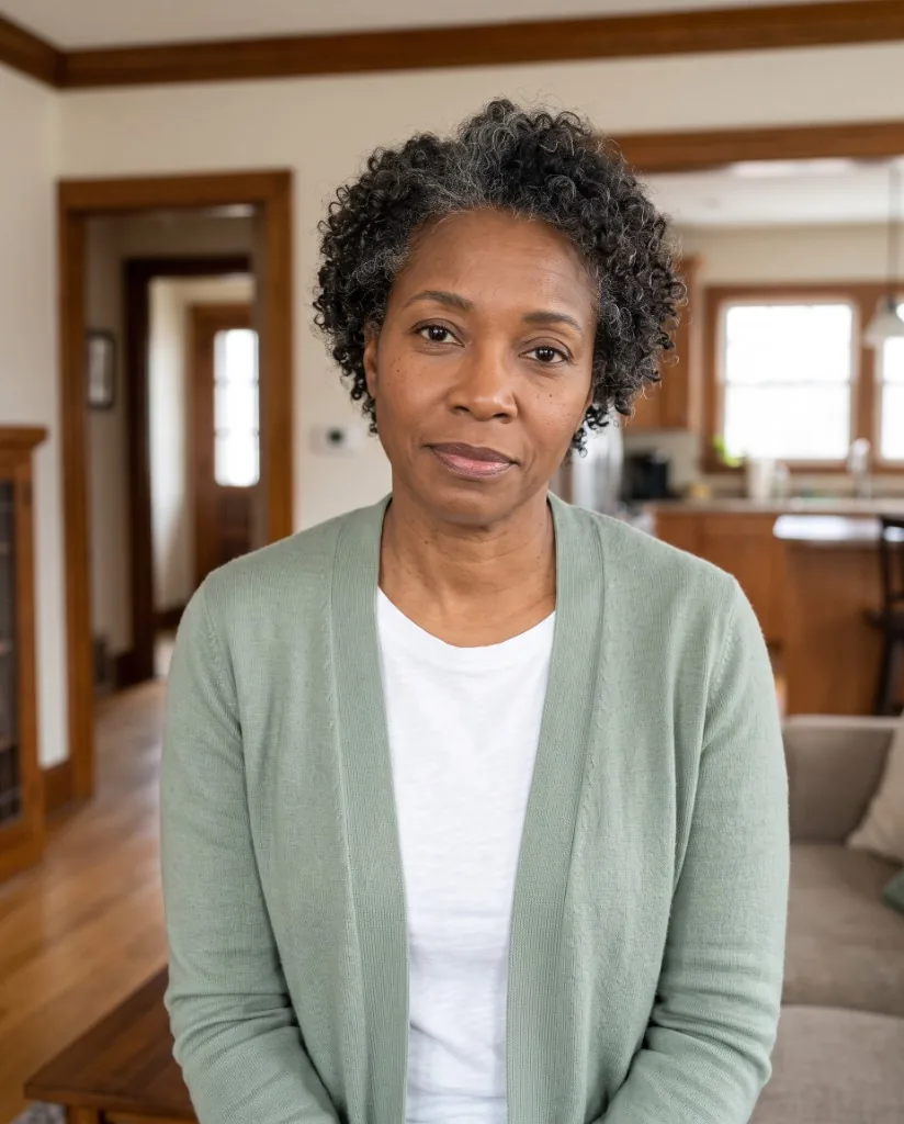 June, a fictional buyer seated in a living room, facing the camera.